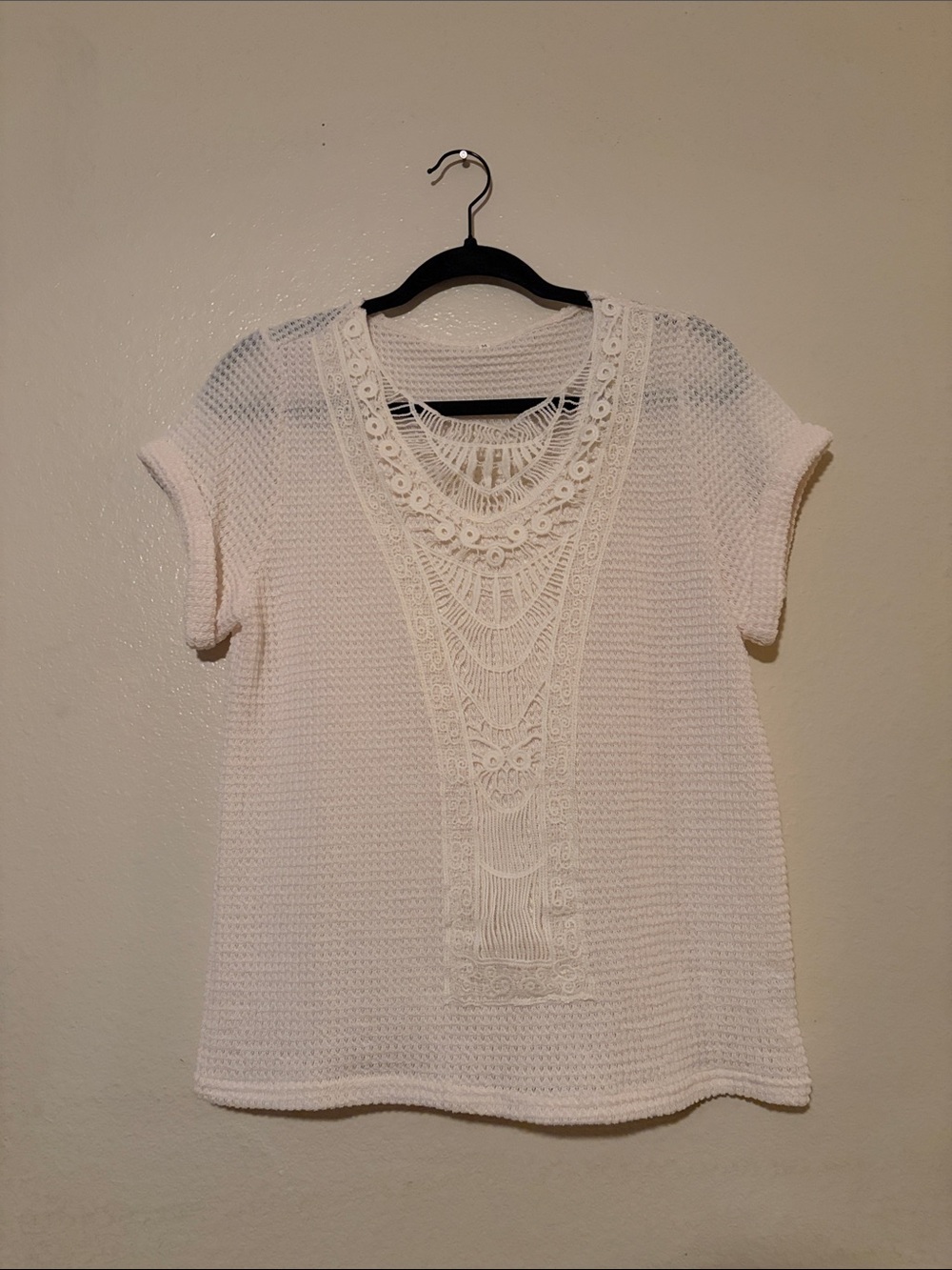 Source Unknown Ivory Crochet Short Sleeve Top